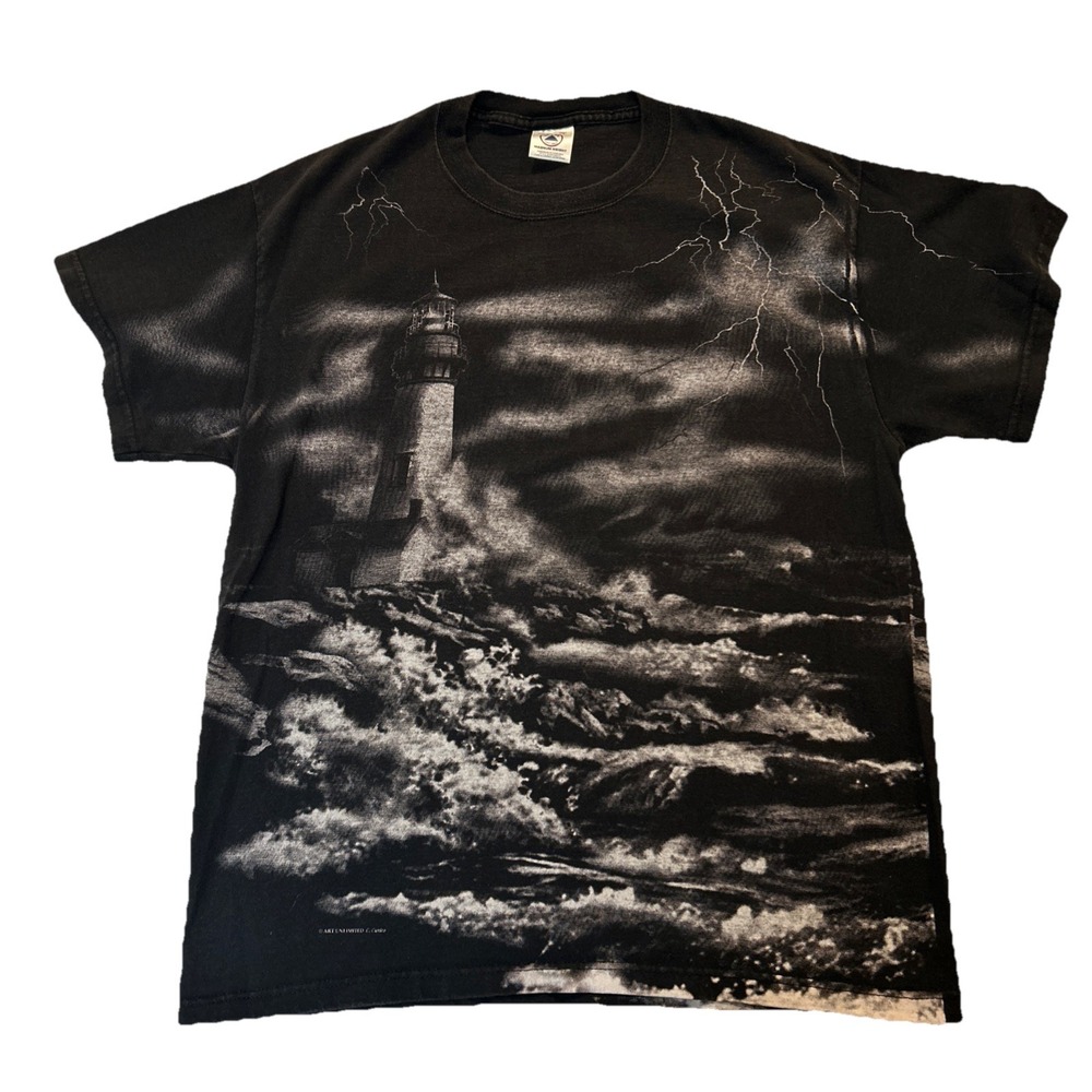Delta Art Unlimited T-Shirt Mens Large Black Lighthouse Lightning All Over Print